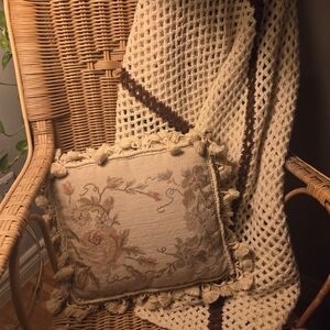 Pair Of Vintage Floral Needlepoint Throw Pillows With Tassles